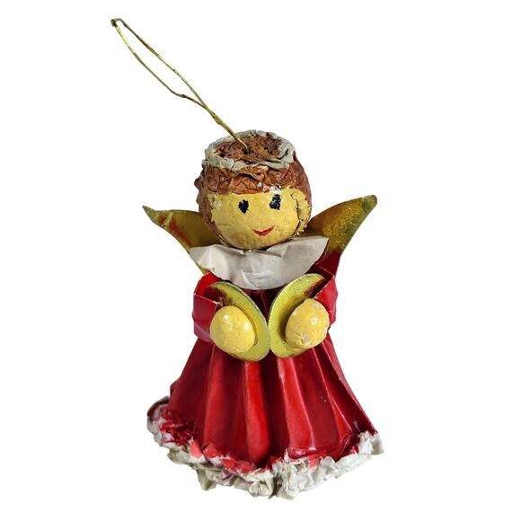 Paper Mâché Vintage Red Angel with Symbols 4” Christmas Tree Ornament - Picture 2 of 7